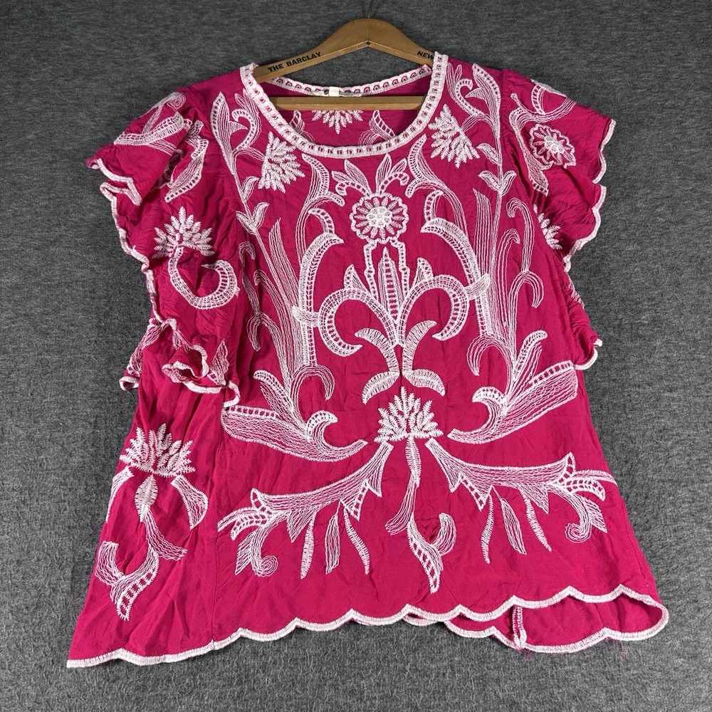 Solitaire Hot Pink Embroidered Blouse Top Flutter Sleeve Resort Vacation Size L